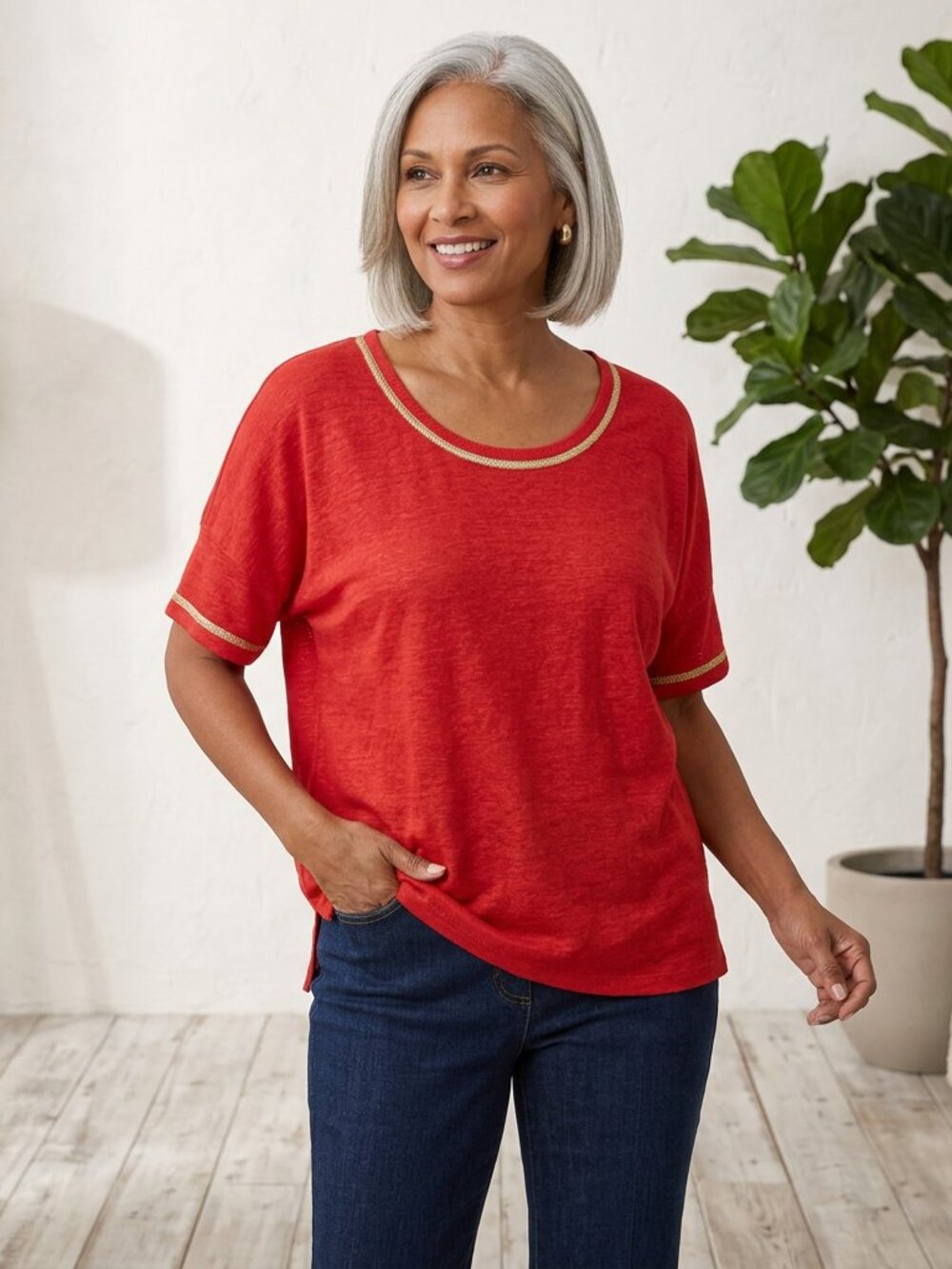 Chico’s Sweater Trim Linen Tee NWOT Red Glow XL Gold Metallic Trim 100% Linen